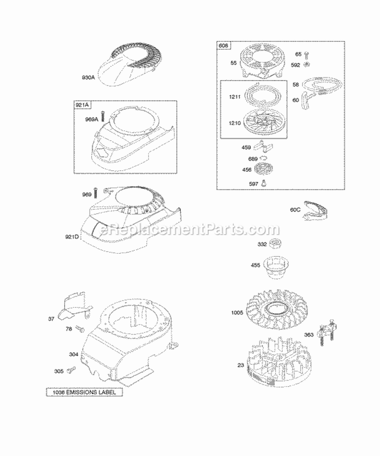 Blower Housing Flywheel Rewinds Diagram and Parts List for 12U802-0639-01  Briggs and Stratton Engine